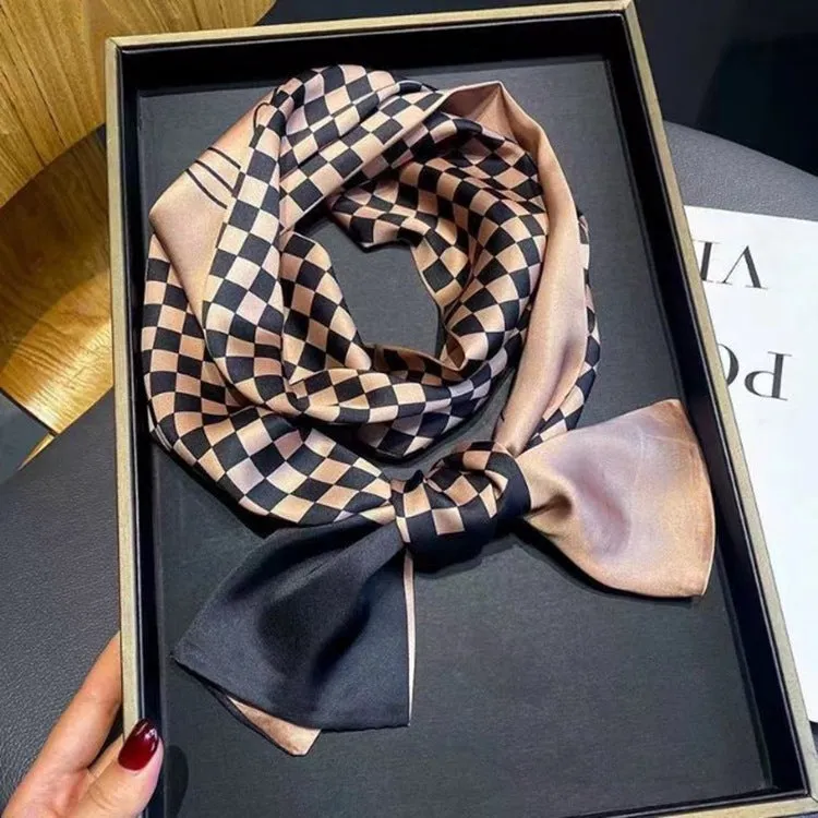 Luxury Design Brown Checkered Silk Feel Skinny Scarf 15*150