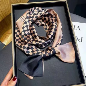 Luxury Design Brown Checkered Silk Feel Skinny Scarf 15*150