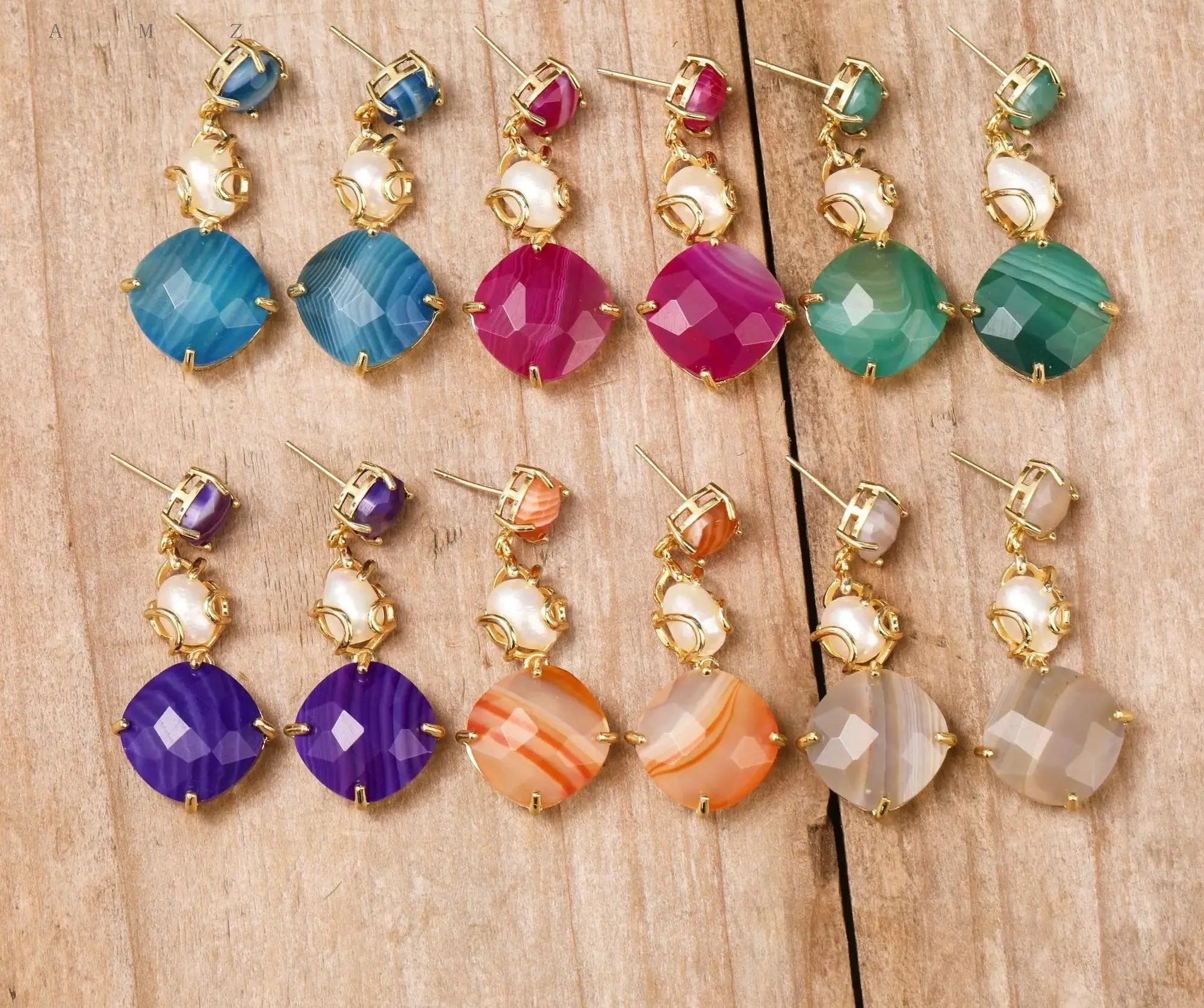 Natural Gemstone Agate & Pearl Earrings