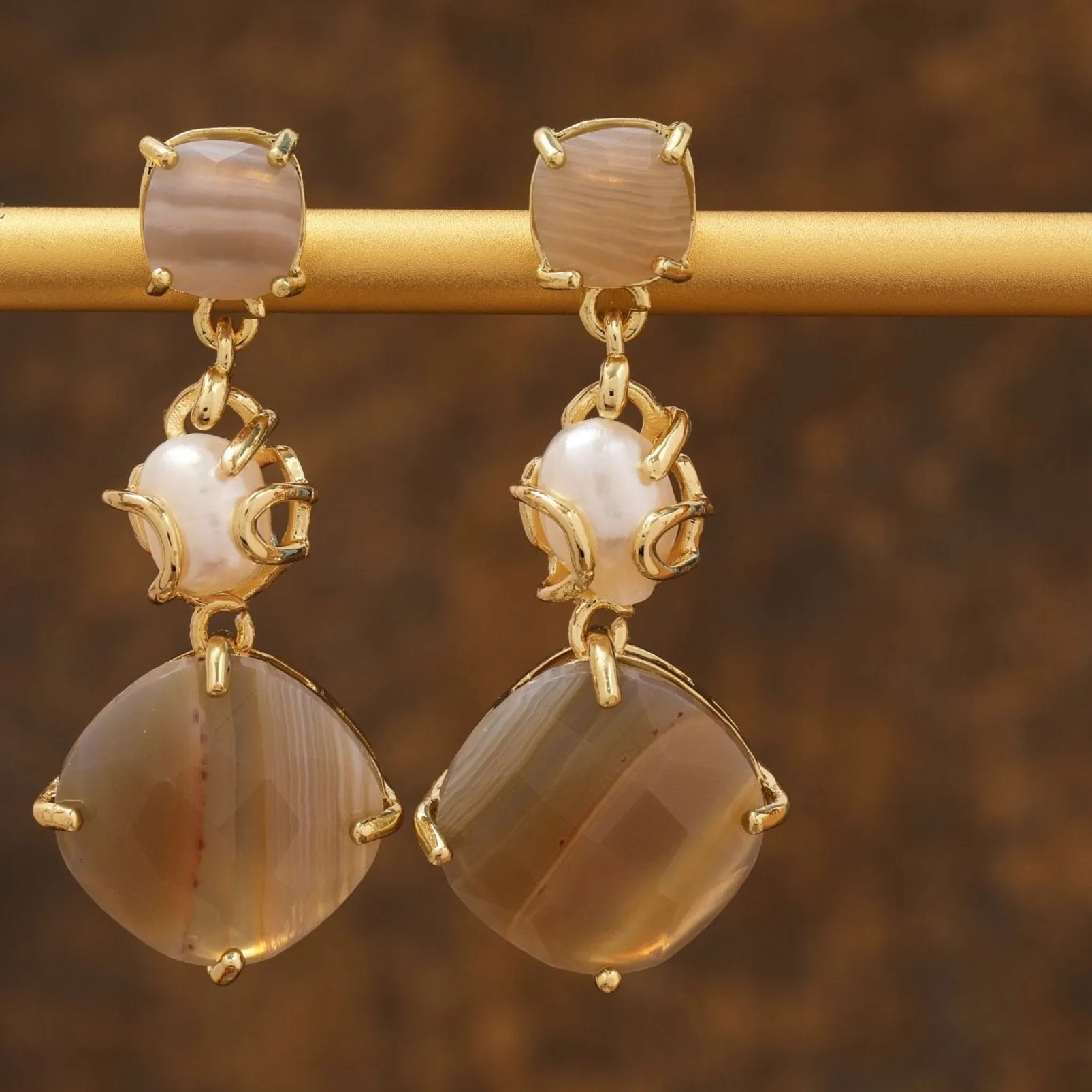 Natural Gemstone Agate & Pearl Earrings