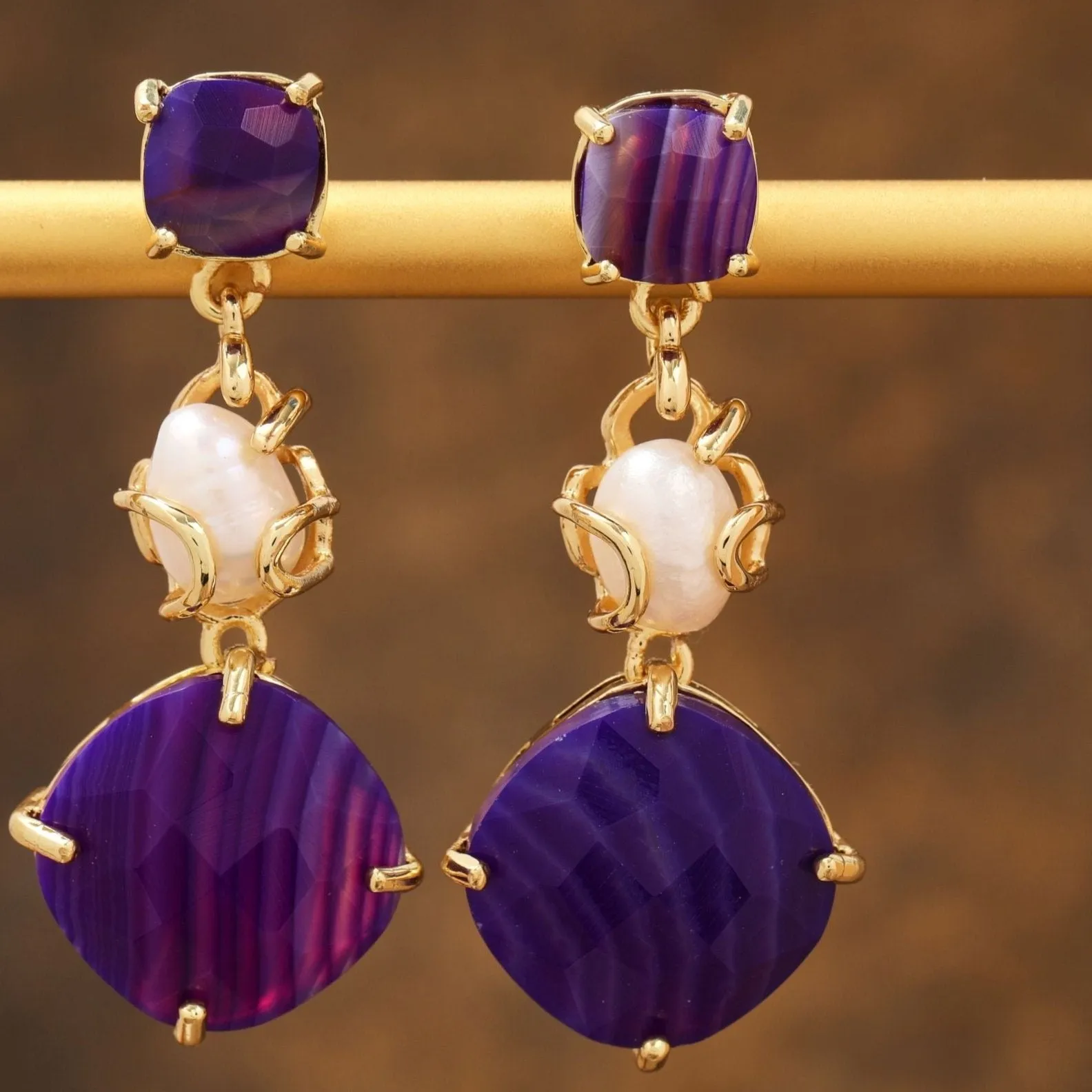 Natural Gemstone Agate & Pearl Earrings