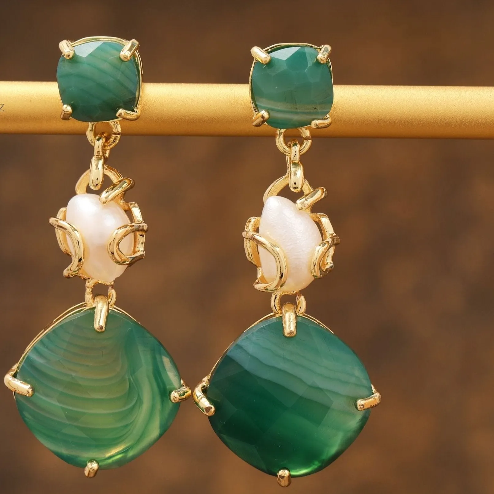 Natural Gemstone Agate & Pearl Earrings