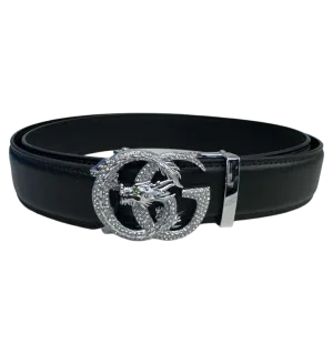 New Luxury Fashion Design Men's Black Belt Diamonds Sliver Buckle