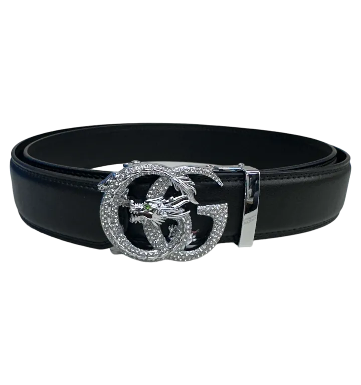 New Luxury Fashion Design Men's Black Belt Diamonds Sliver Buckle
