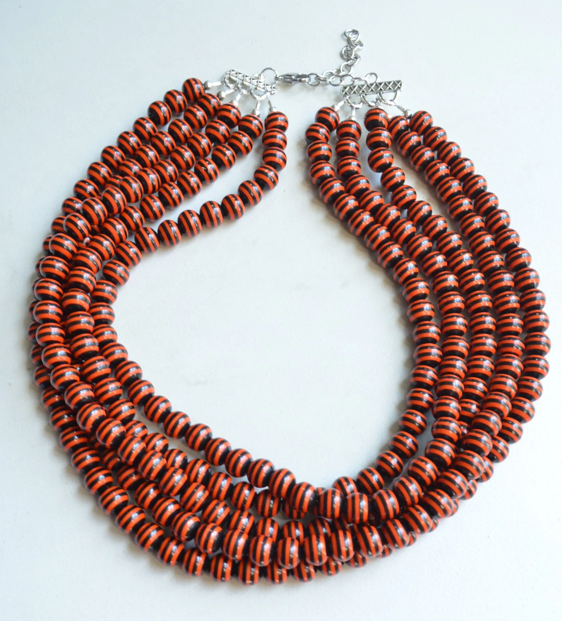 Orange Black Stripe Bead Acrylic Chunky Multi Strand Statement Necklace - Alana