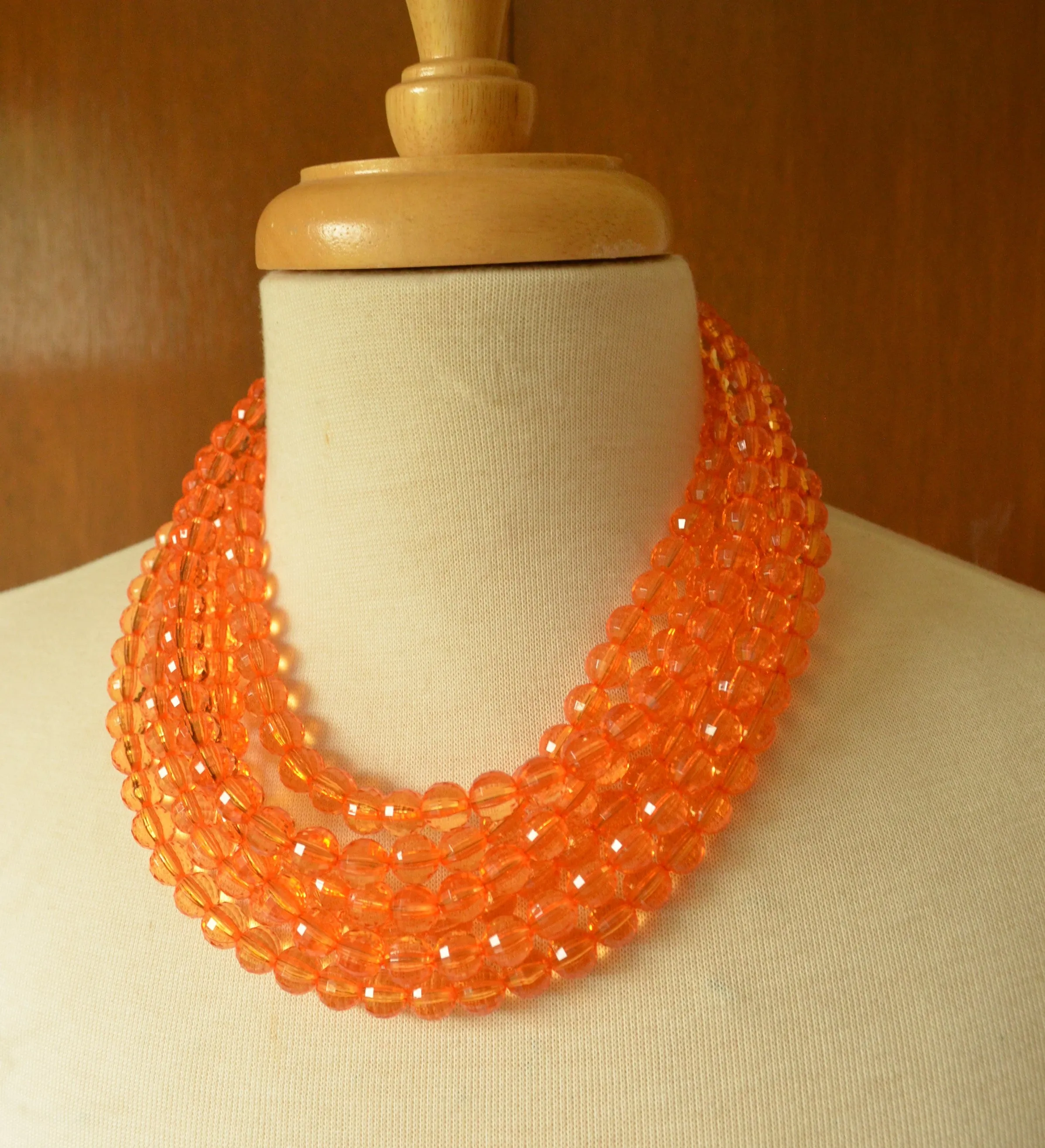 Orange Statement Beaded Acrylic Chunky Multi Strand Lucite Necklace - Angelina