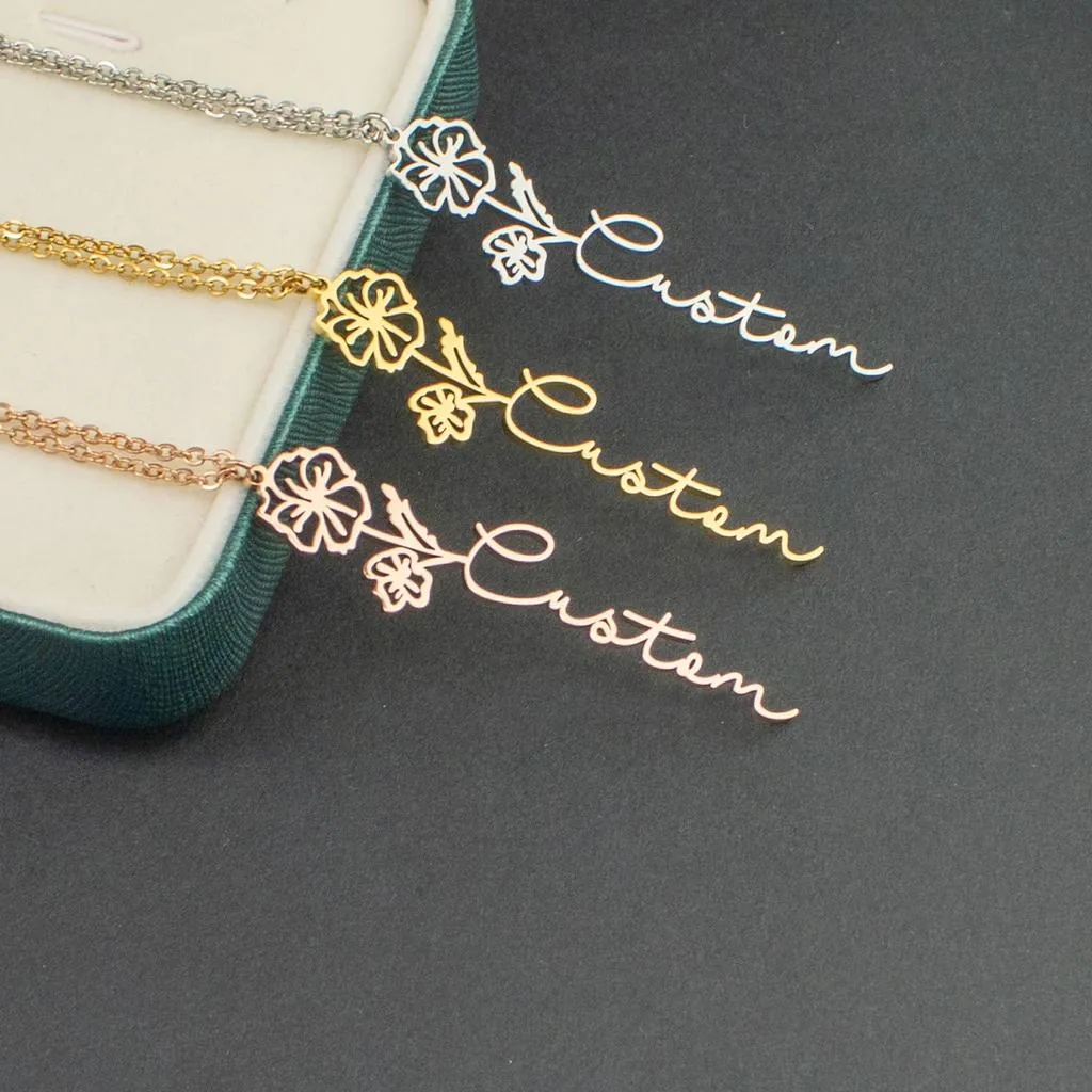 Personalized Birth Flower Name Necklace