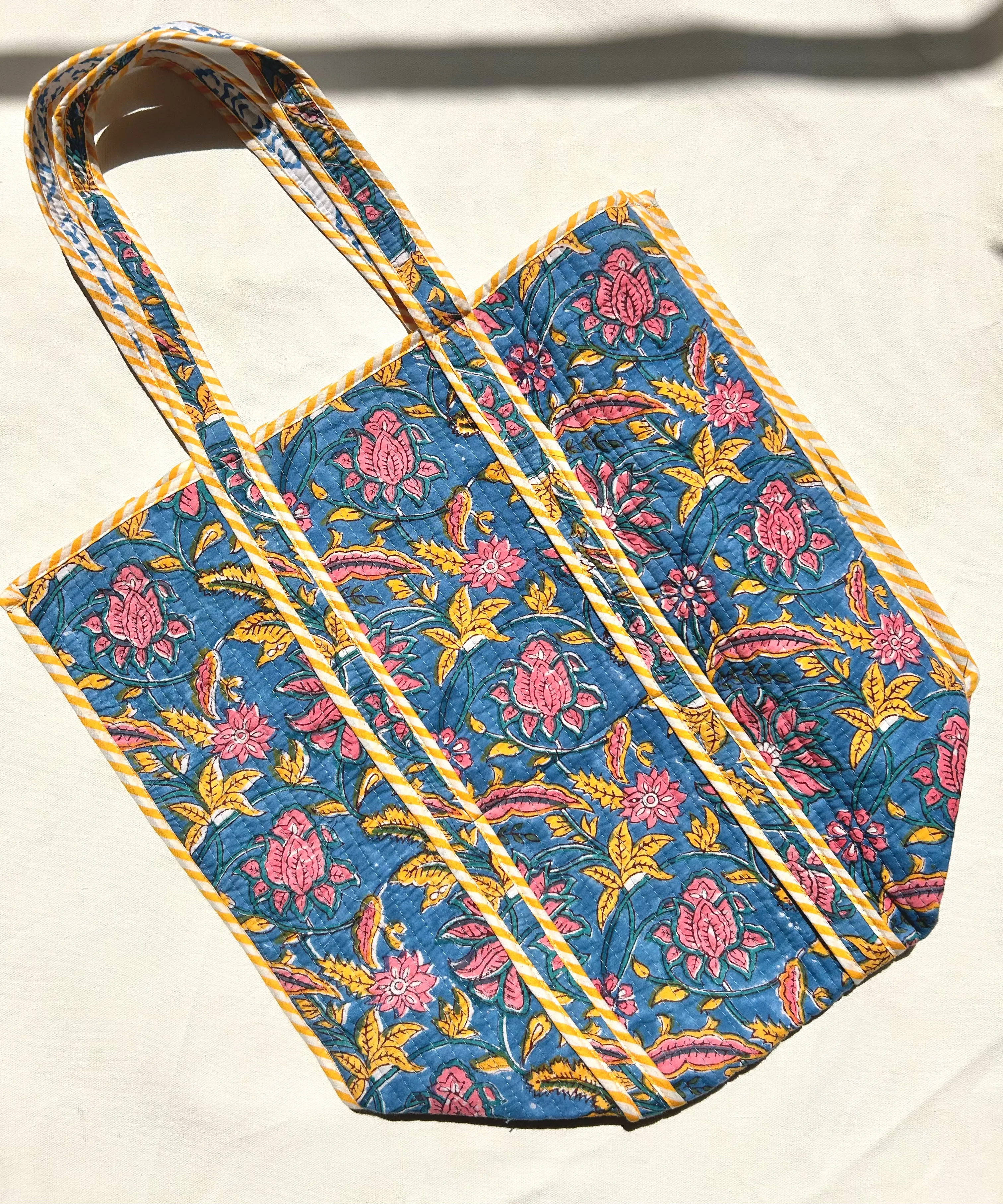 Printed Cotton Quilted Tote Bag Sky Blue
