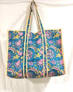 Printed Cotton Quilted Tote Bag Sky Blue