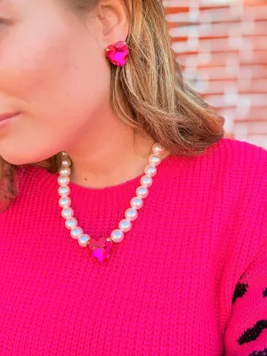 Solitaire Heart Charm Necklace and Earring Set - Fuchsia